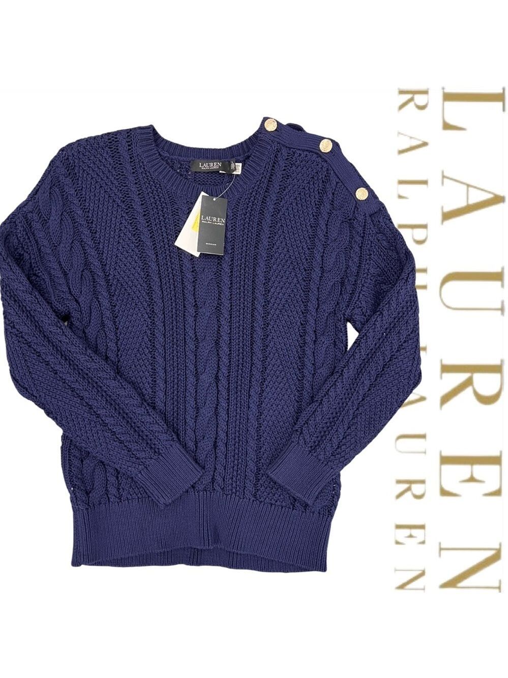 NWT $155 Lauren Woman Aran-Knit Cotton Navy Blue
